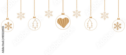 A luxurious Christmas background with hanging golden balls, snowflakes and trinkets, design greeting cards for winter holidays and for web banners. PNG file, on a transparent background. Vector