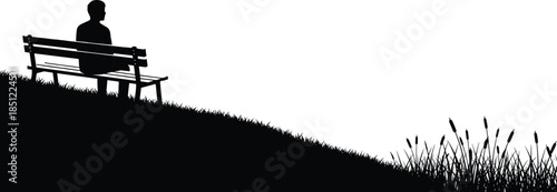 Lonely man silhouette sitting on park bench on grassy hill, minimalist black and white landscape illustration with copy space