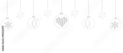 A luxurious Christmas background with hanging silver balls, snowflakes and trinkets, design greeting cards for winter holidays and for web banners. PNG file, on a transparent background. Vector