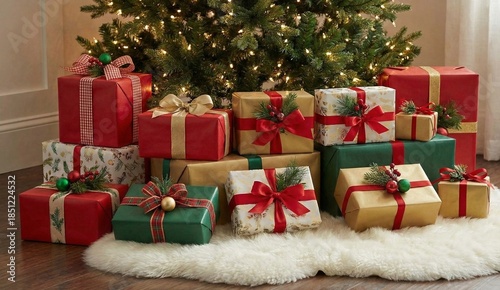 Christmas Presents Arranged Under Festive Tree