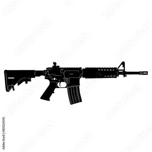 Silhouette of a modern ar 15 style rifle against a plain white background detailed view