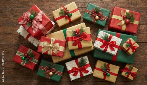 Assorted Christmas Gifts Wrapped in Red Green and Gold