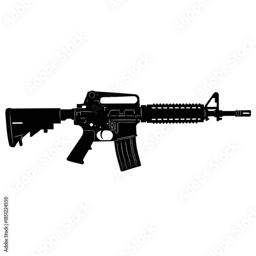 A stark black silhouette depicts a modern ar 15 style assault rifle with detailed components