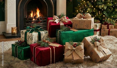 Cozy Christmas Gifts Wrapped in Rustic Paper by Fireplace