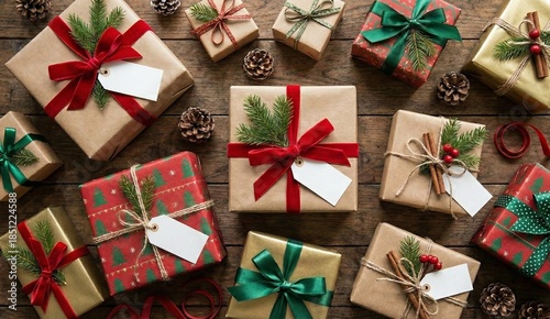 Flat Lay of Rustic Christmas Gifts on Wooden Background