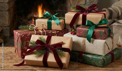 Elegant Christmas Gifts with Ribbons by Cozy Fireplace