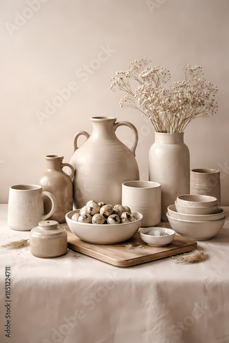 Neutral Ceramic Still Life with Tableware and Dried Flowers