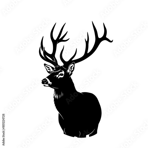 A striking black silhouette of a majestic deer with large impressive antlers displayed prominently