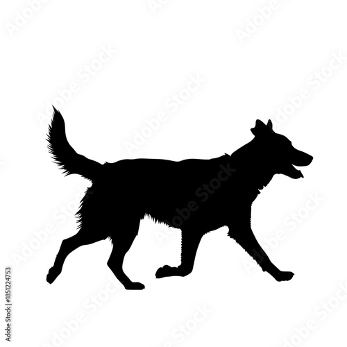 Silhouette of a walking dog a striking black shape against a white background