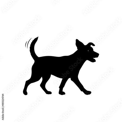 A simple black silhouette of a happy dog cheerfully walking forward with its tail wagging