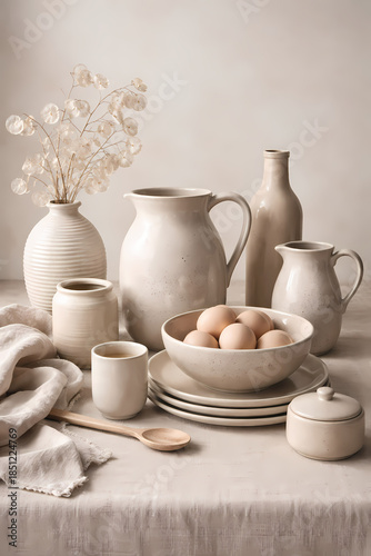 Minimalist Still Life with Ceramic Tableware and Eggs in Neutral Tones