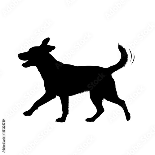 A simple black silhouette of a happy dog with its tail wagging cheerfully