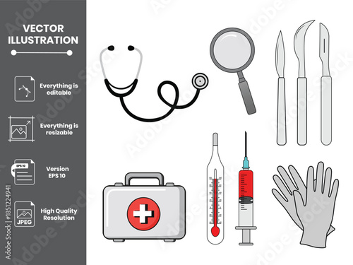 Medical Equipment Vector Illustration Set with Stethoscope Syringe First Aid Kit Thermometer and Surgical Tools