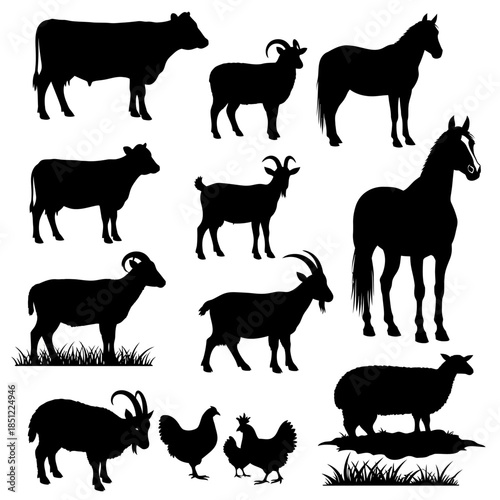 Silhouettes of various farm animals including cows goats sheep horses and chickens