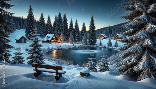 Winter forest lake with snowy cabins at night