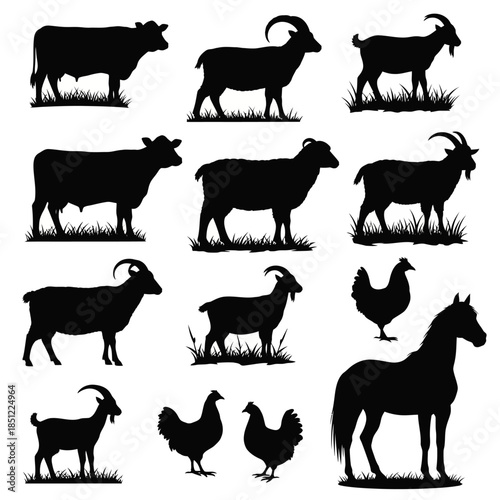 A collection of farm animal silhouettes including cows goats sheep chickens and a horse