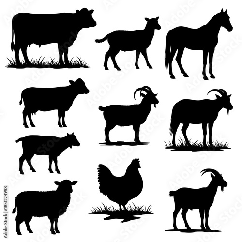 Silhouette collection featuring farm animals like cows horses goats sheep and poultry