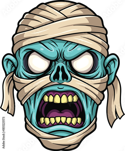 Cartoon mummy head with blue decayed face, bandages, yellow teeth, horror scream expression, flat vector illustration
