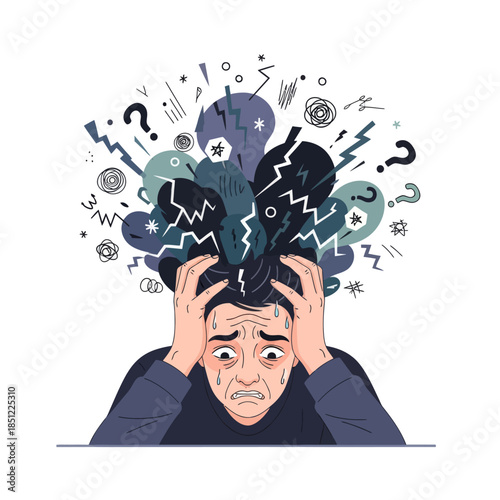 Overwhelmed young person experiencing mental stress with chaotic thought clouds and icons