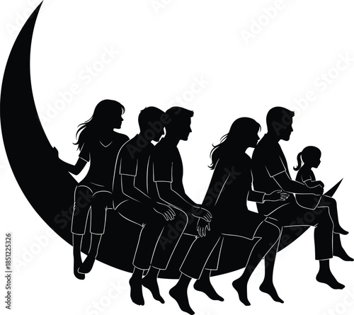 Family Silhouette on Crescent Moon: Unity, Dreams & Togetherness in a Dreamy Night Scene
