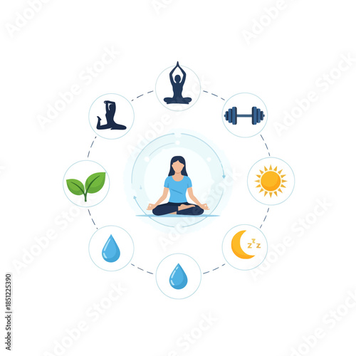 Holistic Wellness Concept Featuring Meditation, Nutrition and Physical Activity