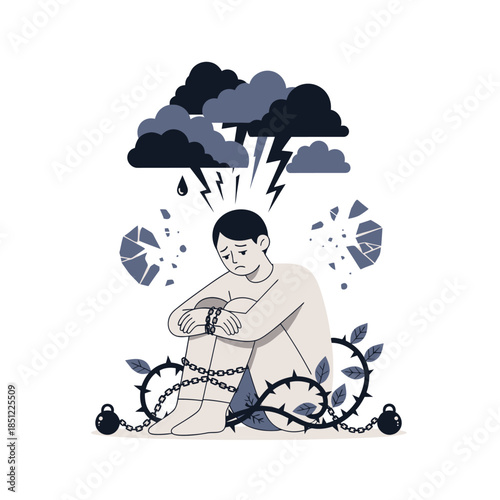 Depiction of Emotional Turmoil with Storm Clouds and Symbols of Inner Struggle