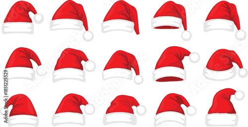 Set of red Santa Claus hats isolated on white background, festive Christmas headwear illustrations collection for holiday design use