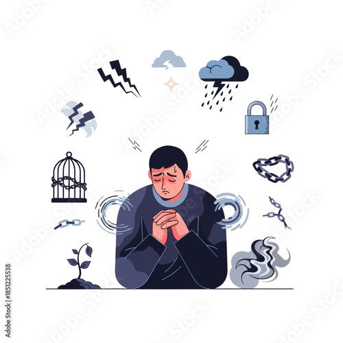 Anxious Man in Contemplation Surrounded by Symbols of Stress and Security Efforts