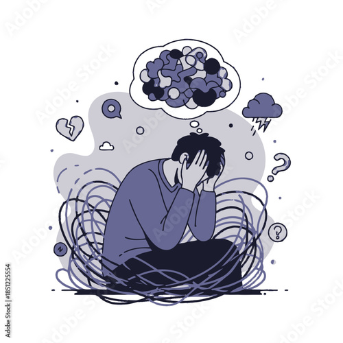 Expression of Anxiety and Mental Stress in a Person Surrounded by Thought Clouds and Symbols