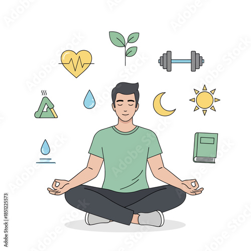Young person practicing meditation with health and wellness icons surrounding them in a calming
