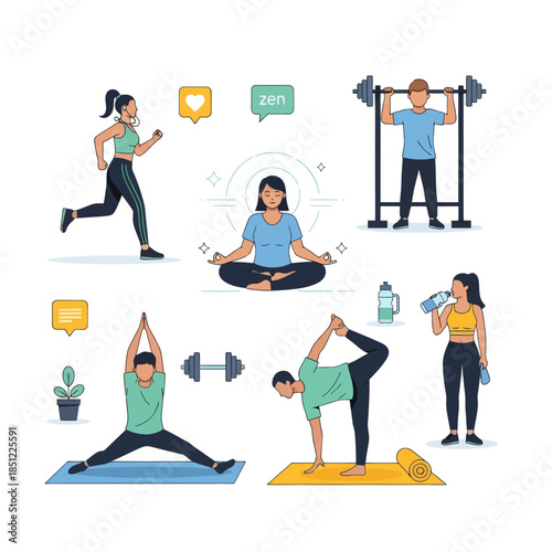 Diverse individuals engaging in various fitness and wellness activities emphasizing health and