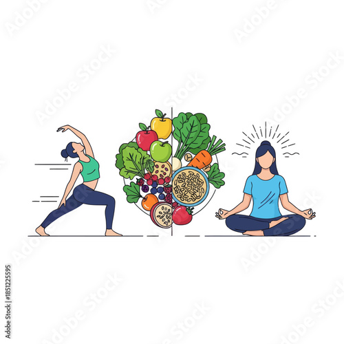 Balance and mindfulness through diverse yoga poses and healthy nutrition choices