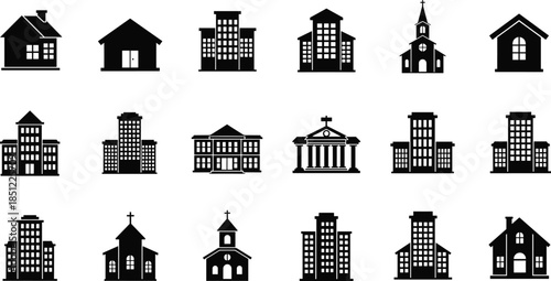 Black building icon set, urban and rural architecture design, modern home vector, church and apartment silhouette, real estate property illustration, residential building pack