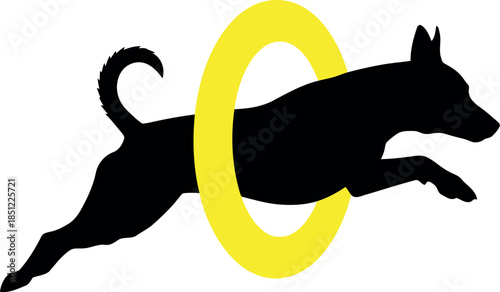 Agility Dog Silhouette Jumping Through Yellow Hoop Vector for Training and Competition Concepts
