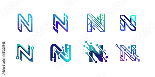 Creative logo design package with the letter N in a futuristic technology style, circuits, and networks