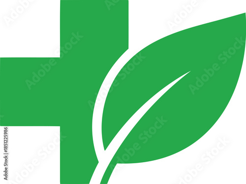 Green Medical Cross with Leaf Icon for Natural Healthcare, Pharmacy, Wellness, and Eco Medicine Branding
