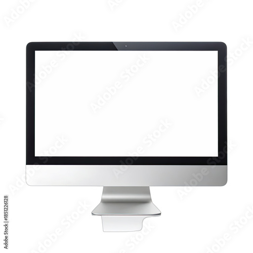 A modern all-in-one computer monitor with a blank white screen against a black background.