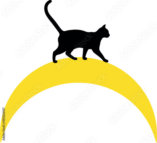 Black Cat Silhouette Walking on Yellow Crescent Moon Isolated Vector Illustration for Halloween Design