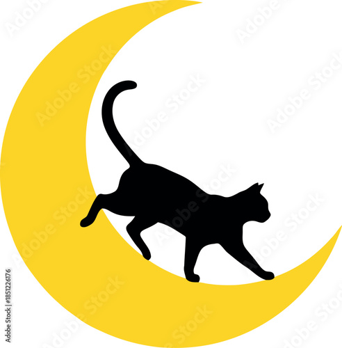 Black Cat Silhouette Walking on Crescent Yellow Moon Isolated Vector for Halloween and Night Themes