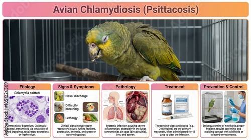 Veterinary pathology concept with green parrot exhibiting symptoms of avian chlamydiosis or psittacosis infection in cage with informational sections on etiology signs