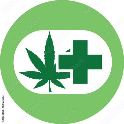 Medical Cannabis Icon with Green Cross and Marijuana Leaf for Healthcare and Pharmacy Use