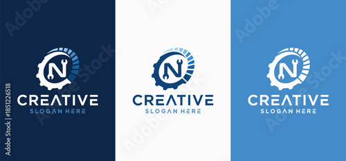 A collection of mechanical technology logos, a combination of alphabet and mechanic letters for vehicle repair shop logos