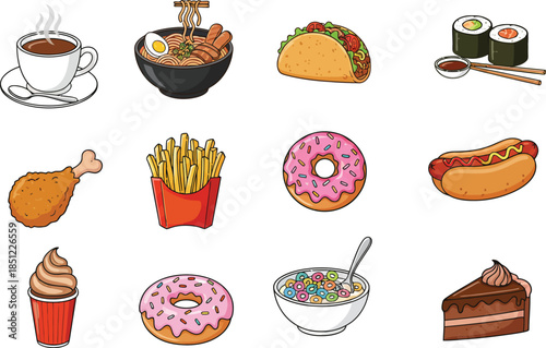 Food flat Illustration Icons set, Food Vector Art Illustration Clipart. set of food Illustration bundle