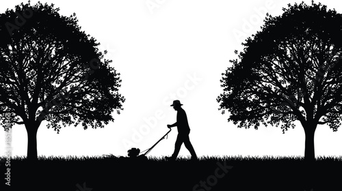 Silhouette of man mowing lawn between trees, outdoor gardening and landscaping concept, grass cutting work, nature maintenance scene