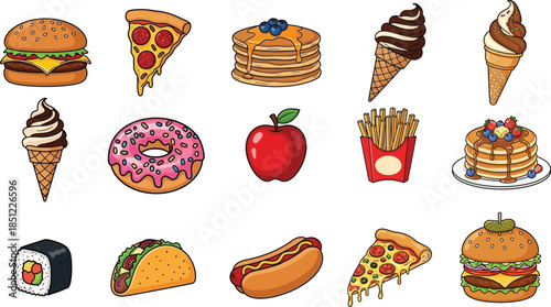 Food flat Illustration Icons set, Food Vector Art Illustration Clipart. set of food Illustration bundle