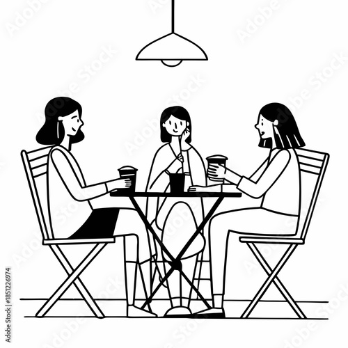 An illustration of a young couple in a cafe sitting at a table with coffee, showing a fashion woman in a dress and a man talking during a romantic lifestyle dinner