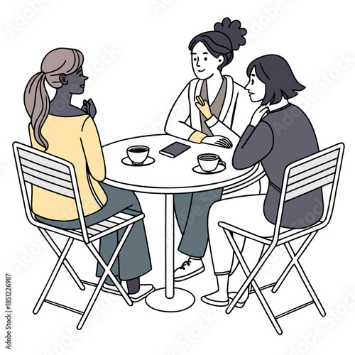 Vector illustration of a young couple in a fashion dress sitting at a restaurant cafe table talking while having a meal and drinking coffee