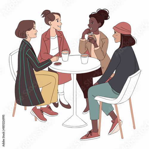 A young couple in a fashion dress and suit enjoys a romantic dinner date at a restaurant table with coffee and tea in this vector cartoon illustration of lifestyle and love