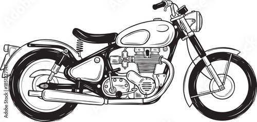 Classic Vintage Motorcycle Illustration in Detailed Black and White Line Art