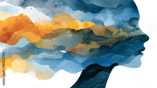 Abstract watercolor silhouette exploring mental health and emotional well-being concepts. Horizontal banner. Copy space. Watercolor illustration. Stress Awareness Day